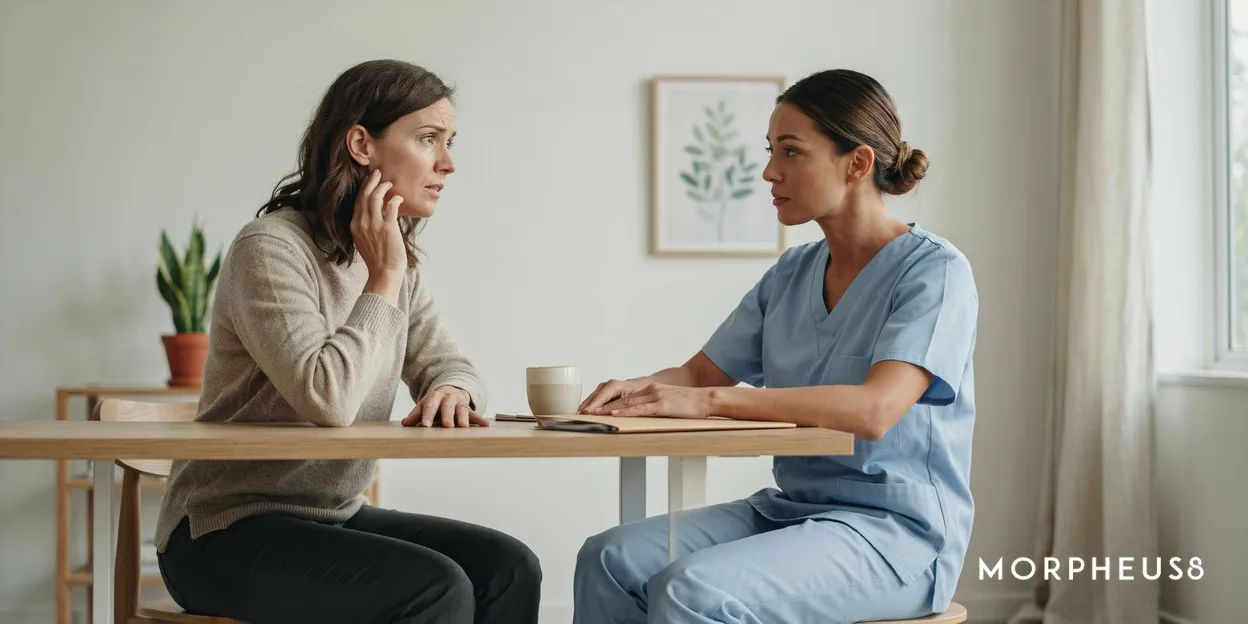 Woman in her forties touching her own jawline as she talks to a clinician across a desk