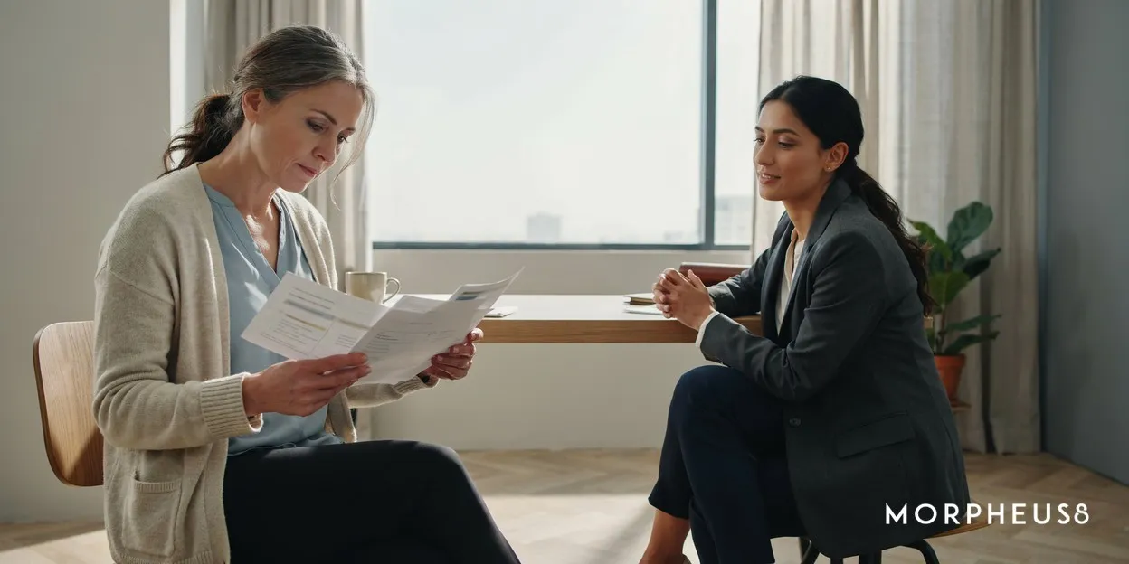 Woman in her fifties reading a consent form across a desk from a clinician in a bright consultation room