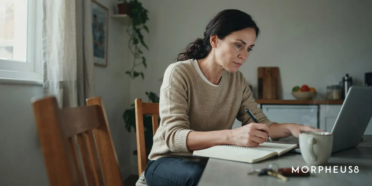 Woman in her forties at a kitchen table reading a laptop screen and writing in a notebook