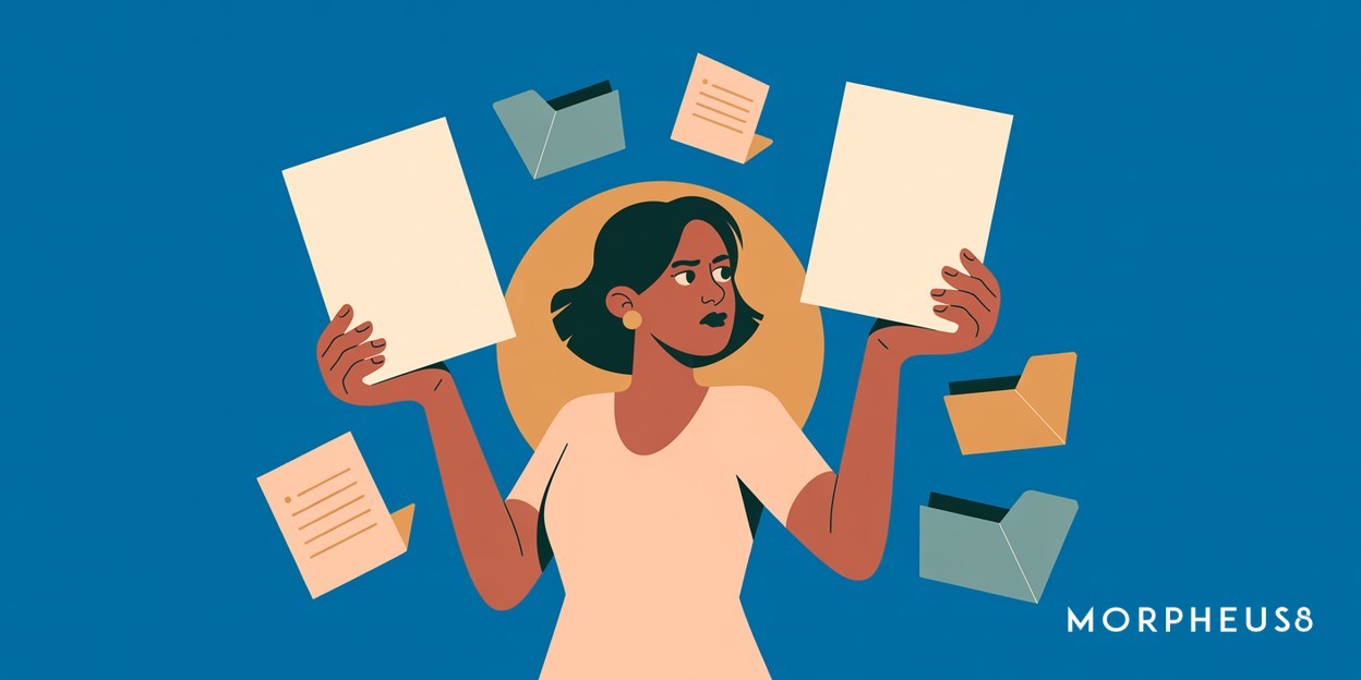 Woman in her forties holding up two printed pages side by side and comparing them