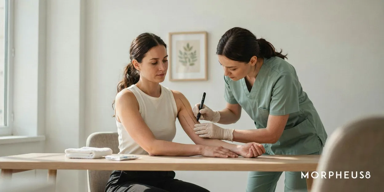 Clinician in gloves drawing marking lines on a woman’s upper arm in a bright consultation room