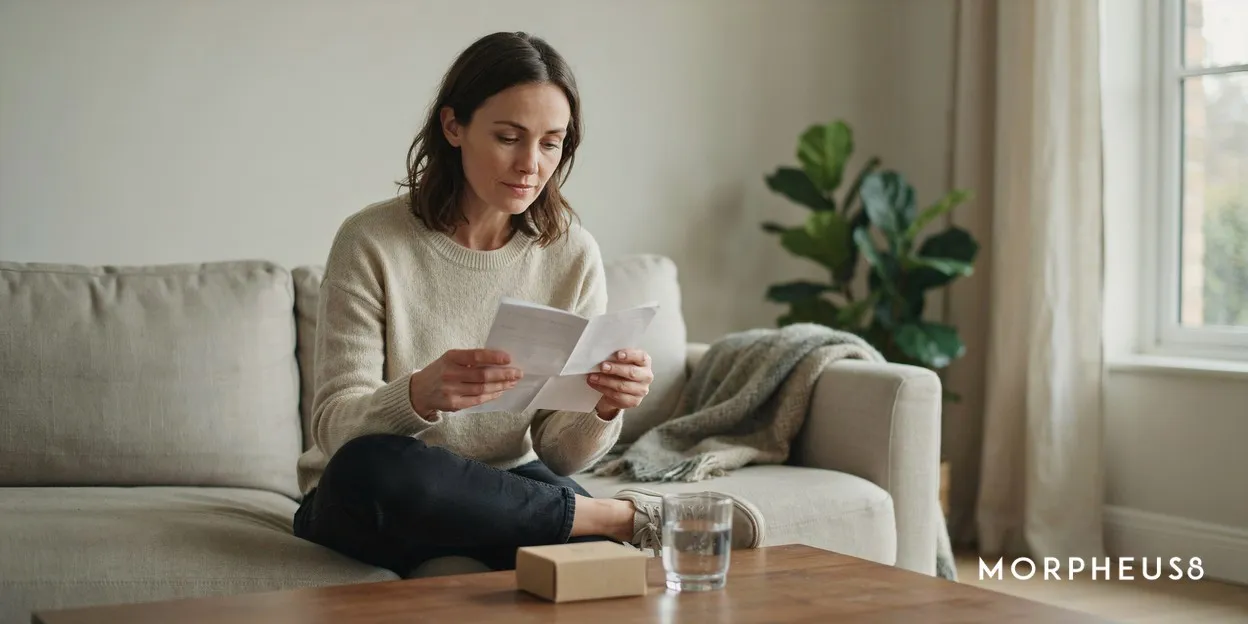 Woman in her forties sitting on a sofa reading the leaflet from a box of prescription medicine