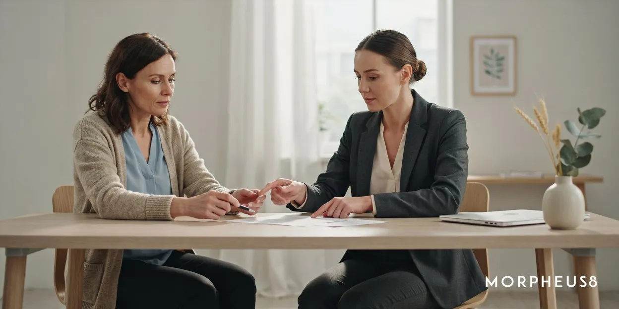 Woman in her forties going through a printed treatment plan with a clinic coordinator at a desk