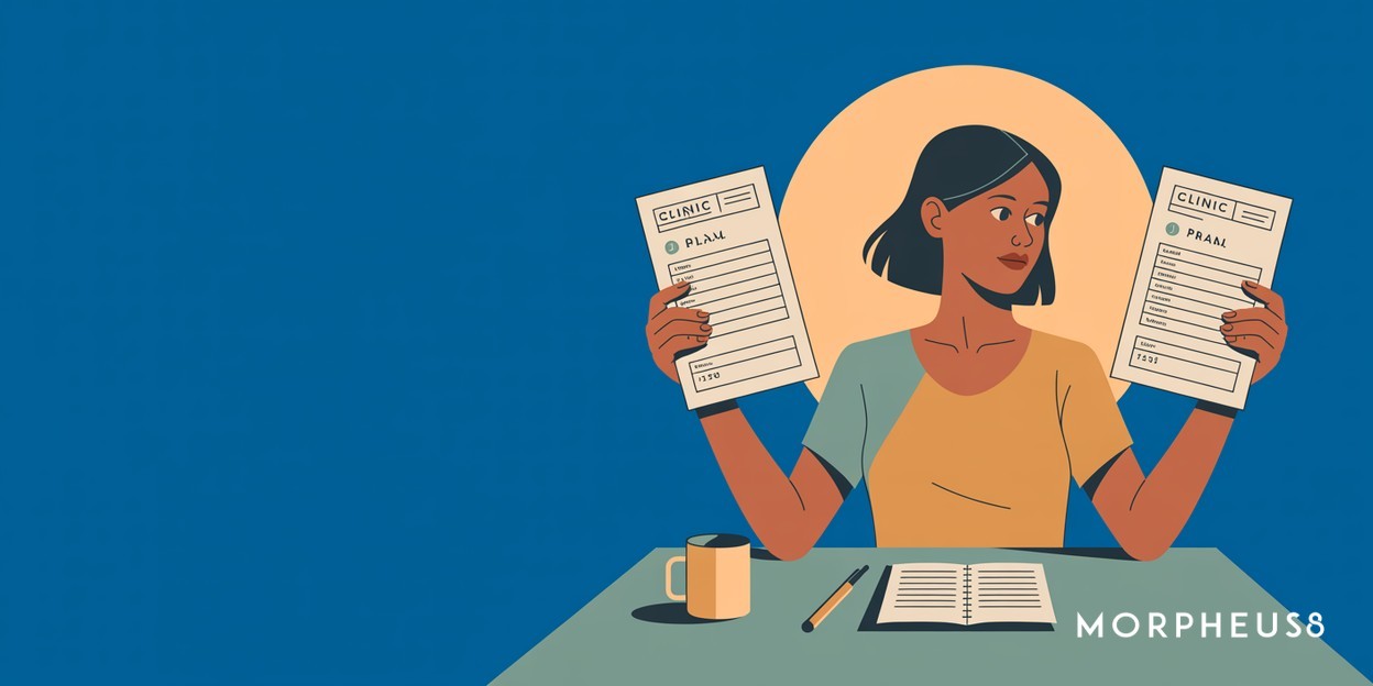 Woman in her forties sitting at a table holding up two printed price lists and comparing them