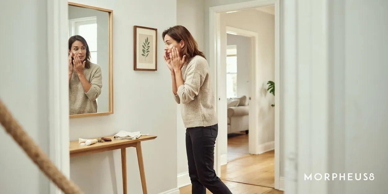 Woman in her forties applying sunscreen to her cheek in front of a hallway mirror