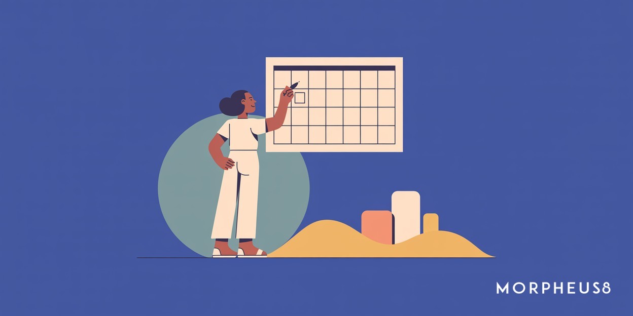 Woman in her forties marking a date on a wall calendar with a pen