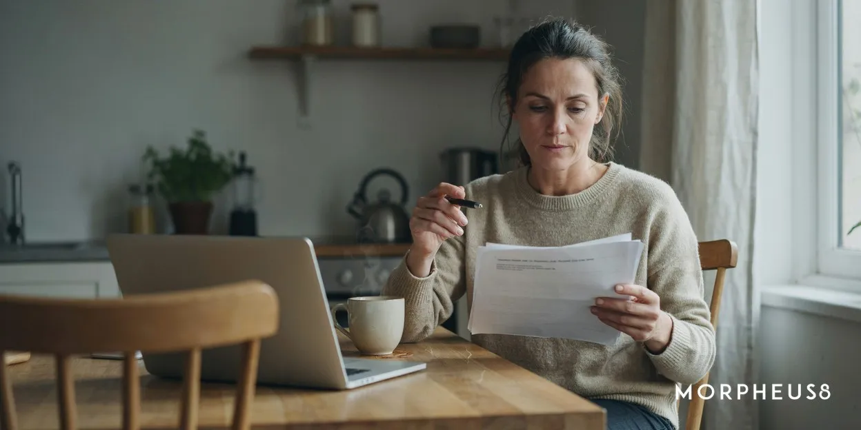 Woman in her forties reading a printed research paper at a kitchen table with a laptop open beside her