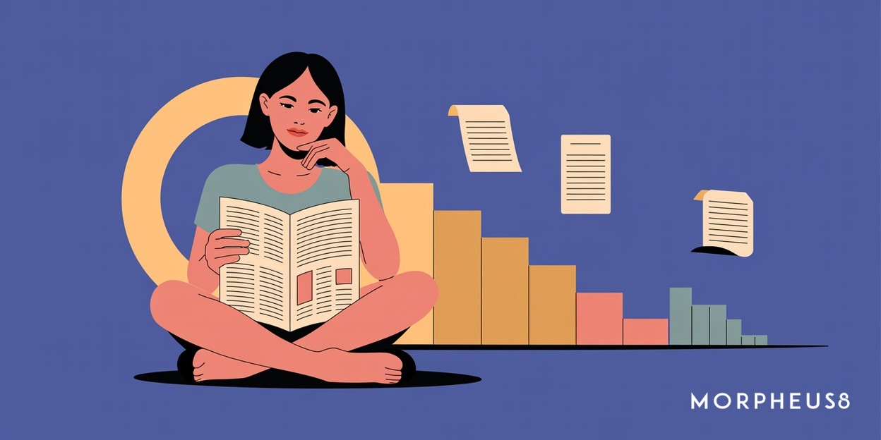 Woman in her forties sitting cross-legged with a printed research paper open across her knee
