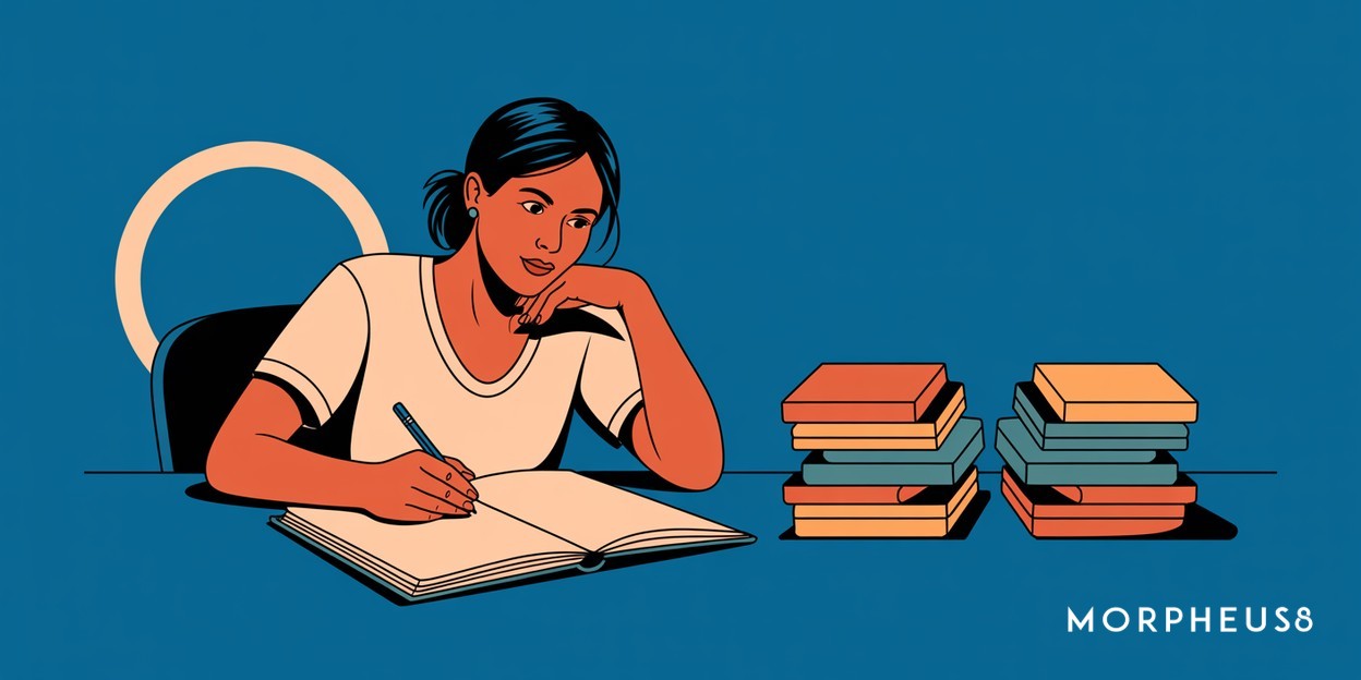 Woman in her twenties sitting at a desk writing in an open notebook