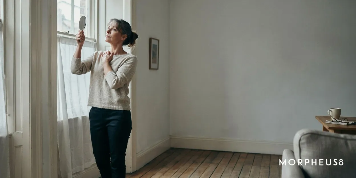 Woman in her fifties tilting her chin upward while looking into a hand mirror by a window