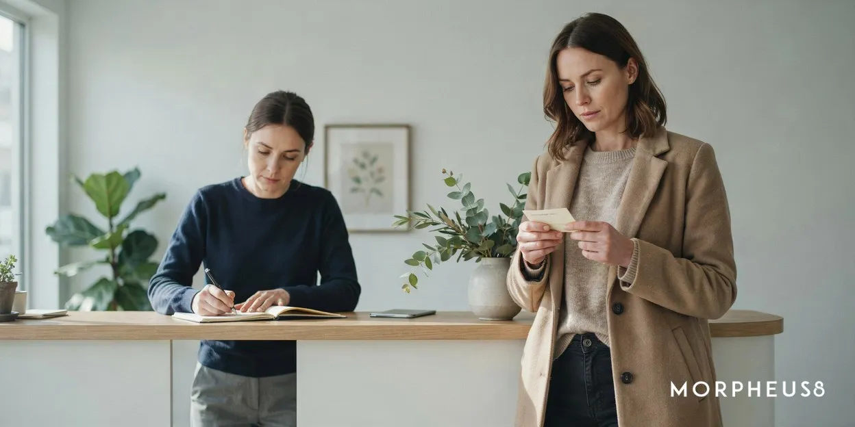 Woman in her forties looking at an appointment card at a clinic reception desk