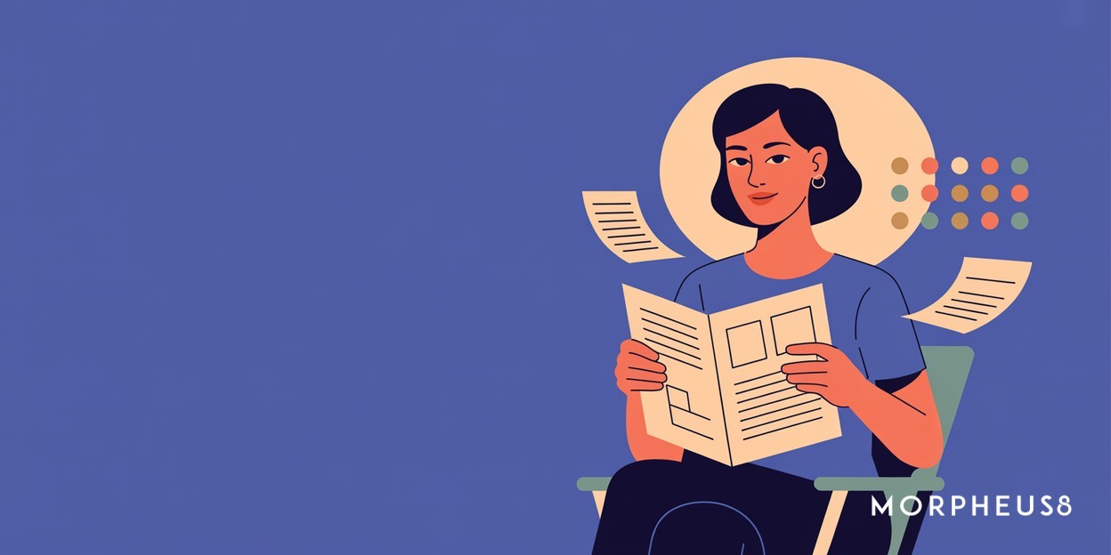 Woman in her forties reading a printed leaflet held open in both hands