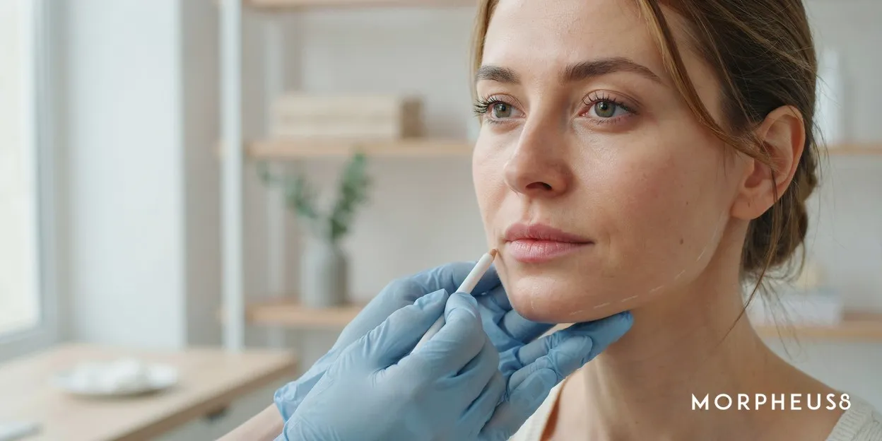 Practitioner in gloves marking guide lines along a woman’s jawline before a consultation