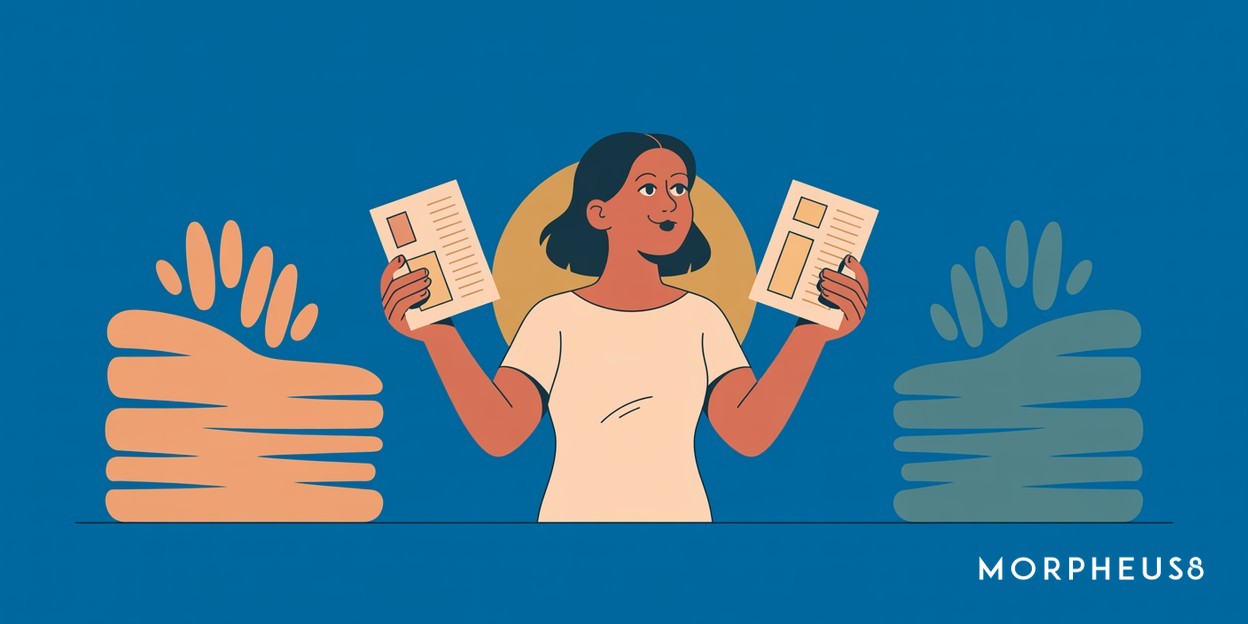 Woman in her thirties holding two printed information sheets and looking between them