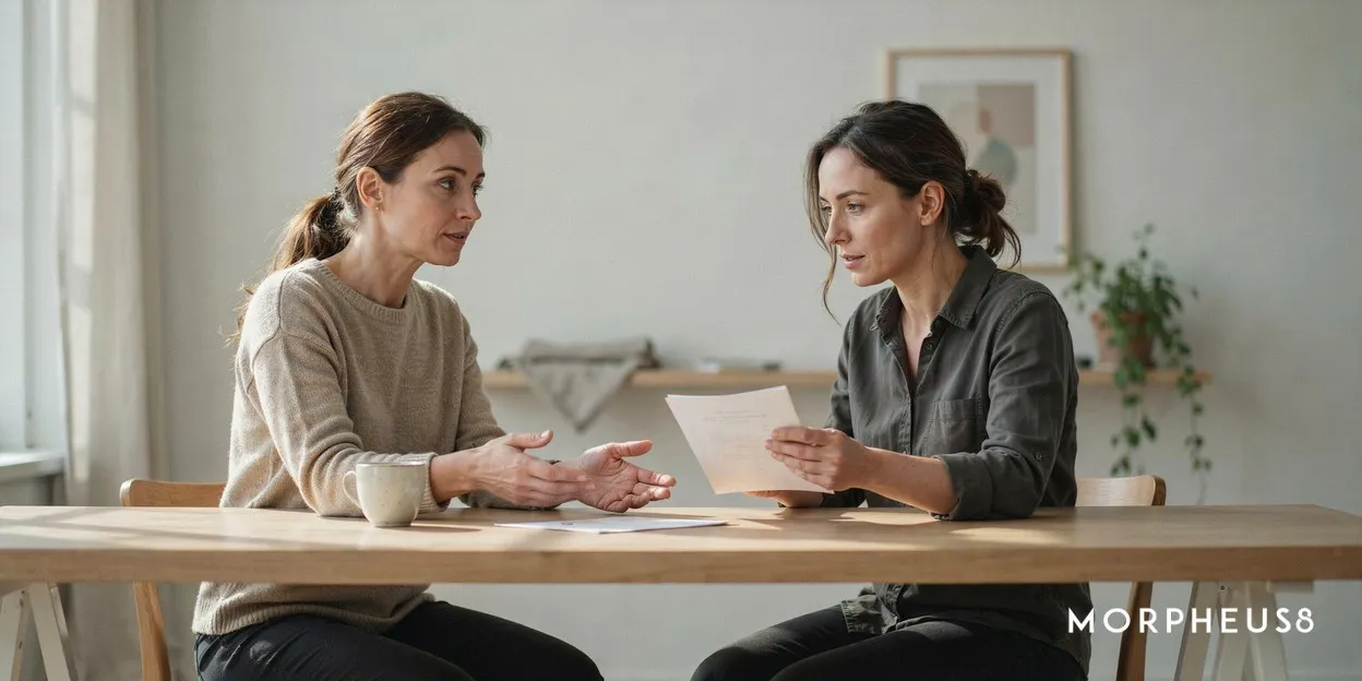 Woman in her forties asking a question across a desk from a practitioner holding a printed page