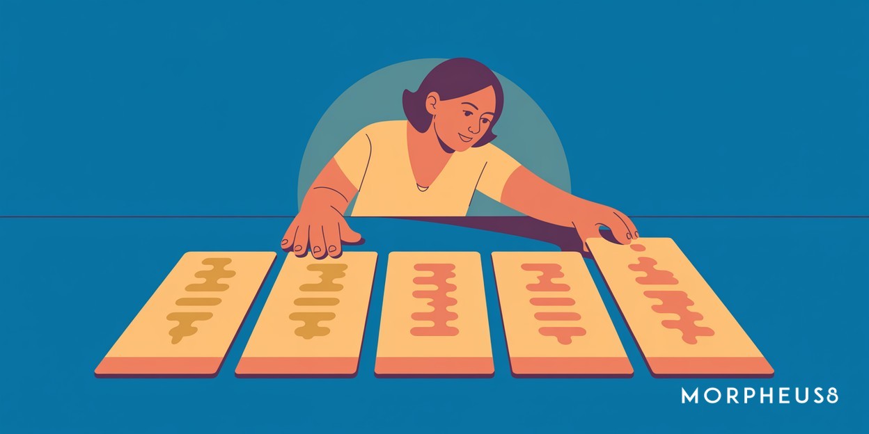 Woman in her forties laying out a row of printed device information cards on a table
