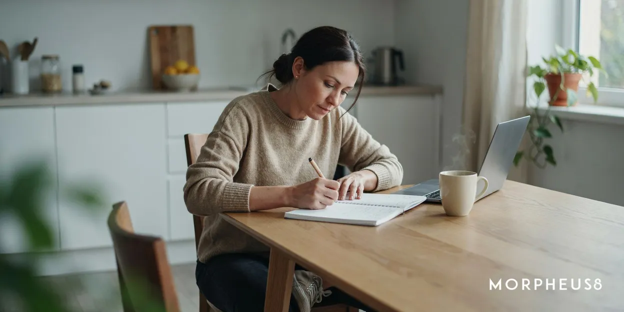 Woman in her forties sitting at a kitchen table writing a list of questions in a notebook